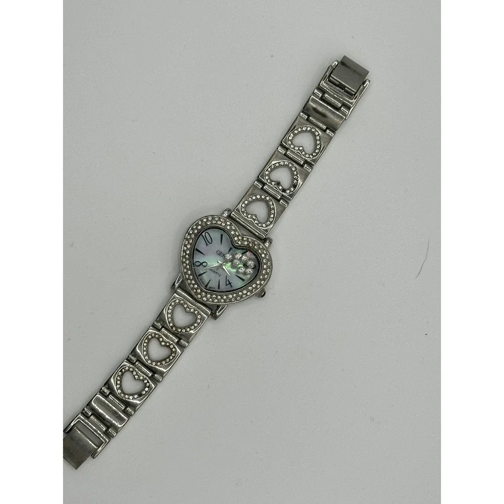 Geneva Silver Tone Heart Shaped Watch Rhinestone Mother of Pearl Dial Quartz